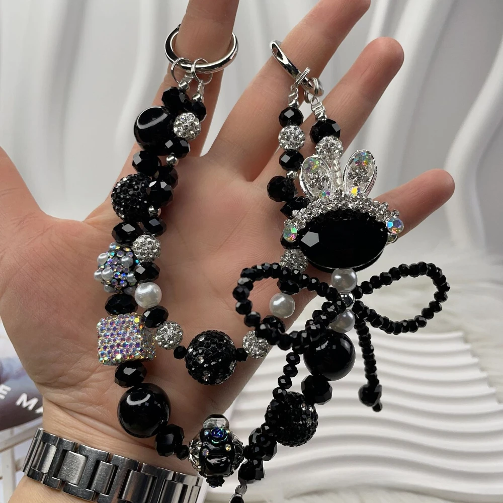 

Light Luxury Style Creative Black Bowknot Beaded Phone Charm Anti Drop Anti Lost Chain for Mobile Phone, Bag and Keychain