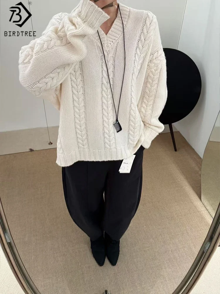 

Birdtree,100% Sheep Wool Blended Knitted Sweater,Woman V-neck Full Sleeve Bottoming Knitwear,2025 Autumn Loose Pullover T5O622JF
