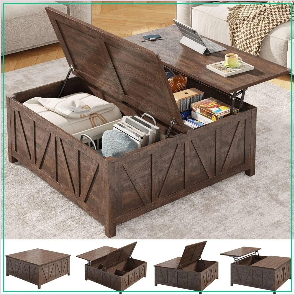 Lift Top Coffee Table with Storage, Farmhouse Square Center Table for Living Room, Dark Brown