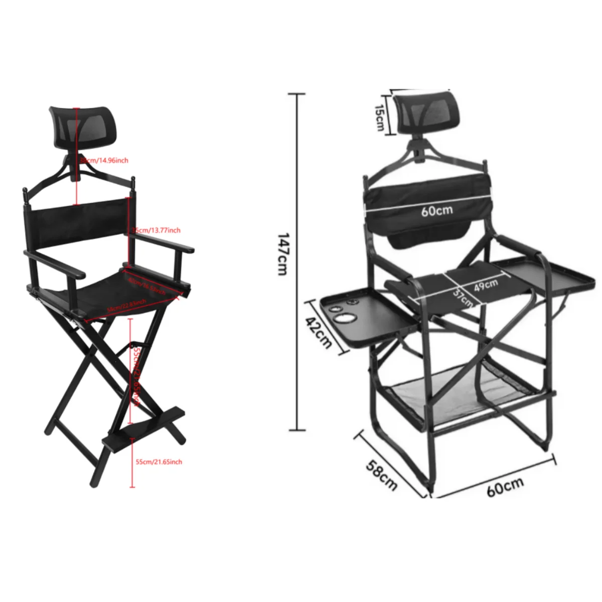 Professional Makeup Artist With Side Table Cup Holder Foldable Lightweight Hairstylist Chair for Makeup Salon Barber Outdoors