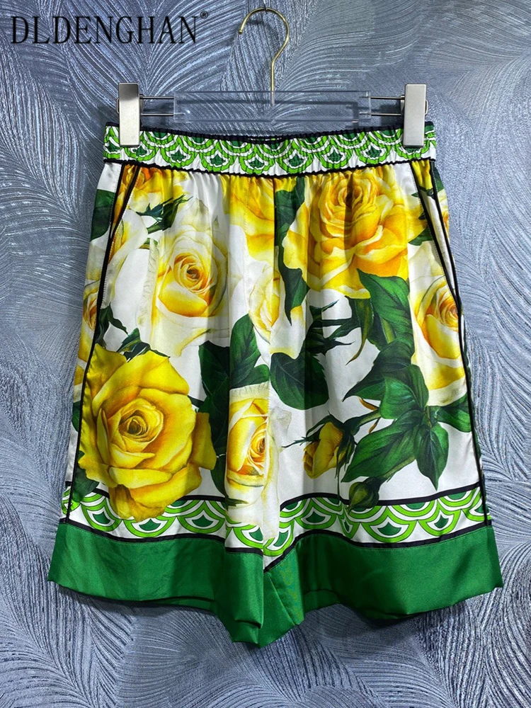 DLDENGHAN Summer Rose Flower Print Silk Shorts Women's Elastic Waist Pockets Beach Style Vacation Shorts Fashion Designer New