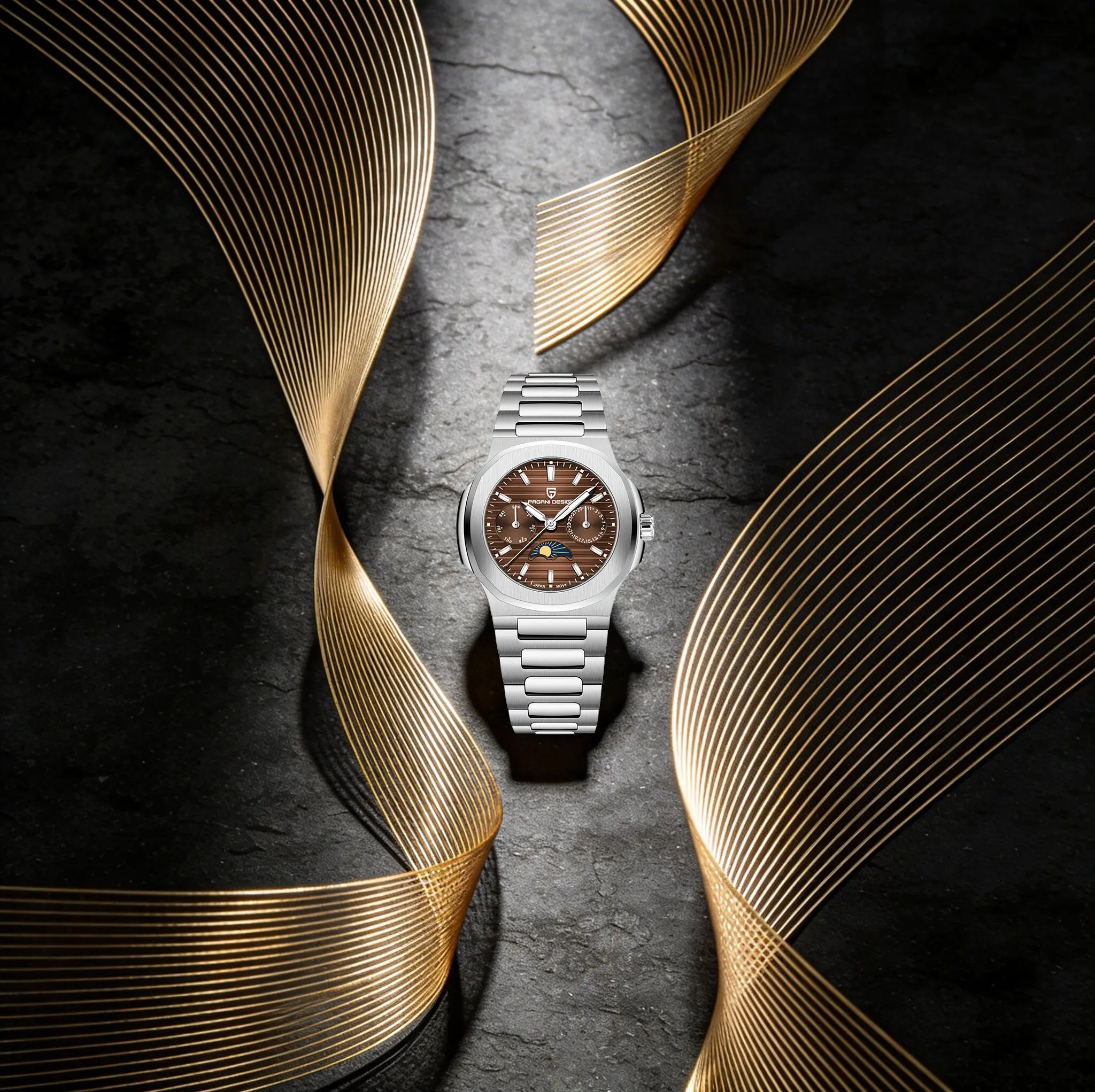 PAGANI DESIGN Simple High-End Lady Quartz Watch  Elegant Luxury Stainless Steel Moon Phase Daily/Weekly Display Luminous Watch