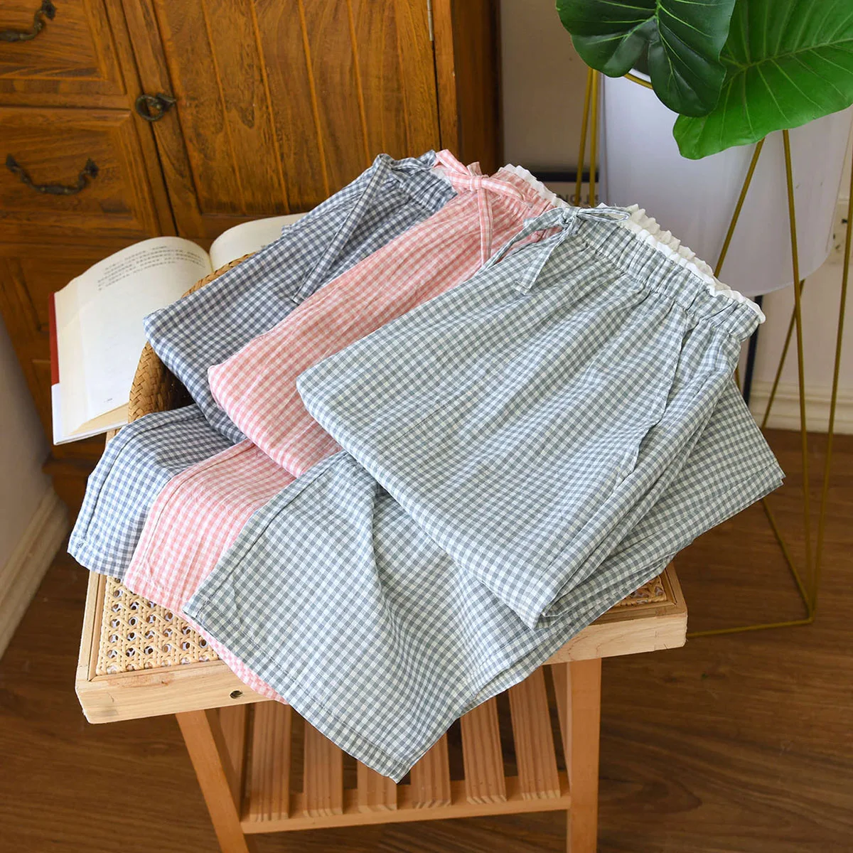 New Spring and Autumn Women's Sleeper Pants 100% Cotton Lace Plaid Loose Casual Wide Leg Pants Home