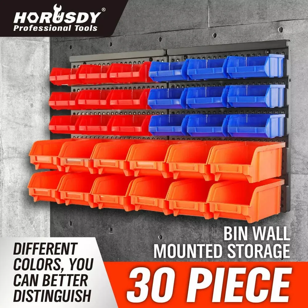 HORUSDY 30Pc Parts Storage Bins Wall Mounted Tool Organiser Board Tray Rack Workshop Box