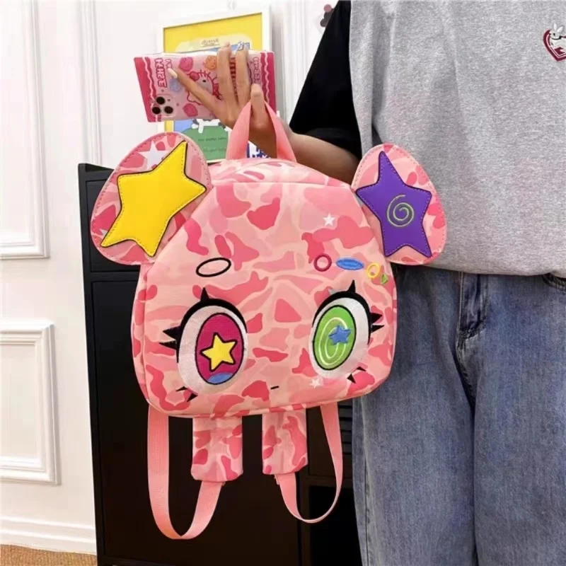 Pink Bear Backpack Y2K Waterproof PU Leather Schoolbag Girl Cartoon Box Kawaii Bookbag Anime Camouflage Cute Travel Shoulder Bag