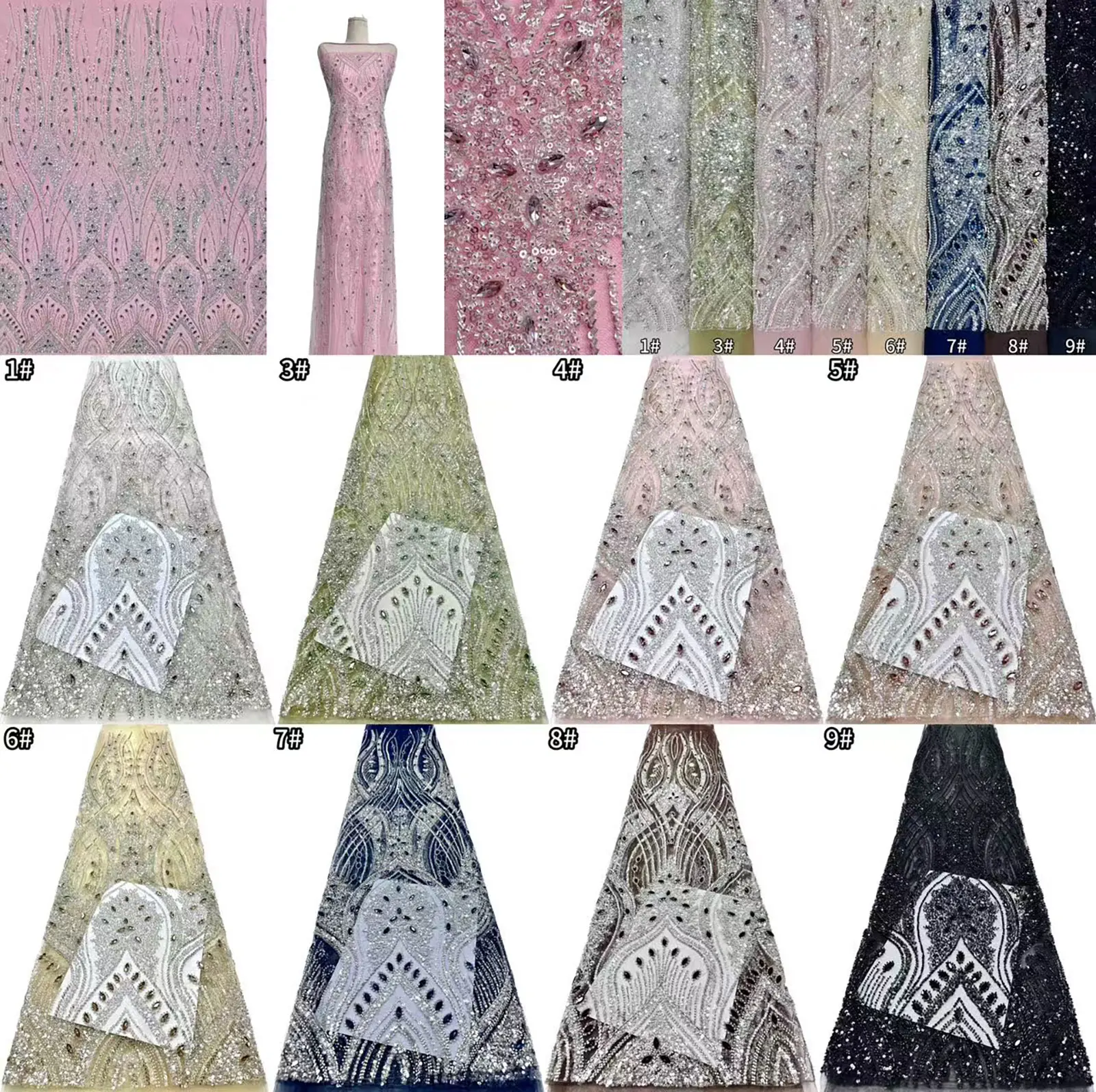 5 Yards rosa modischer nigerianischer Perlen-Stein-Tüll-Spitzenstoff, afrikanischer Pailletten-Netzstoff zum Nähen von Brautkleidern – Detail 3