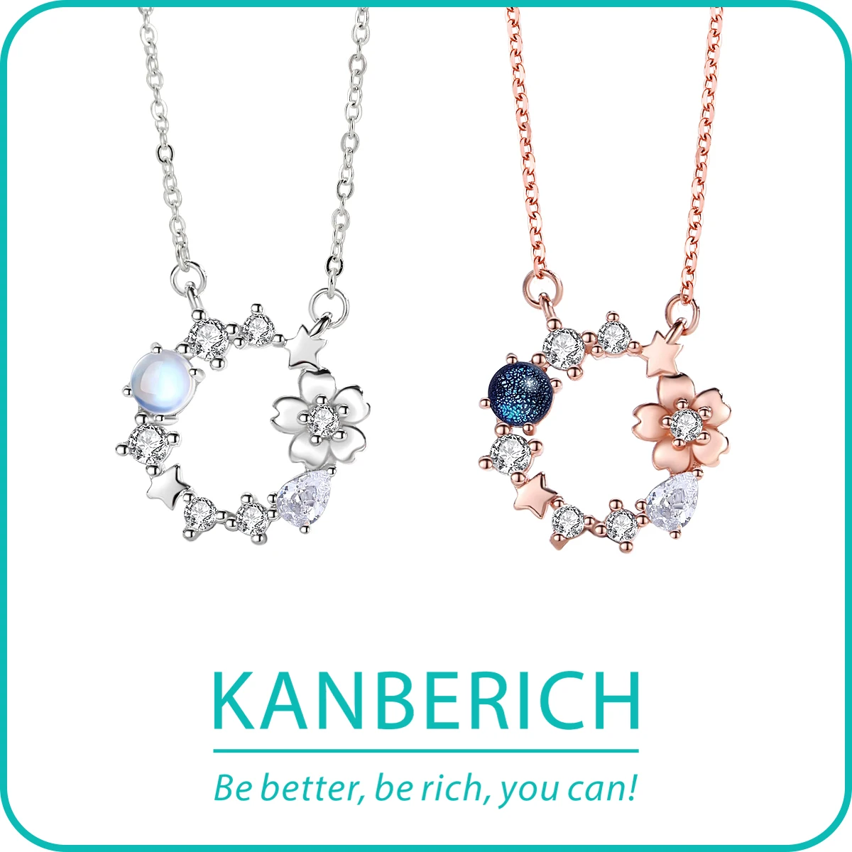 Kanberich S925 Real Sterling Silver Cubic Zirconia Colorful Garland Pendant Clavicle Chain Necklace