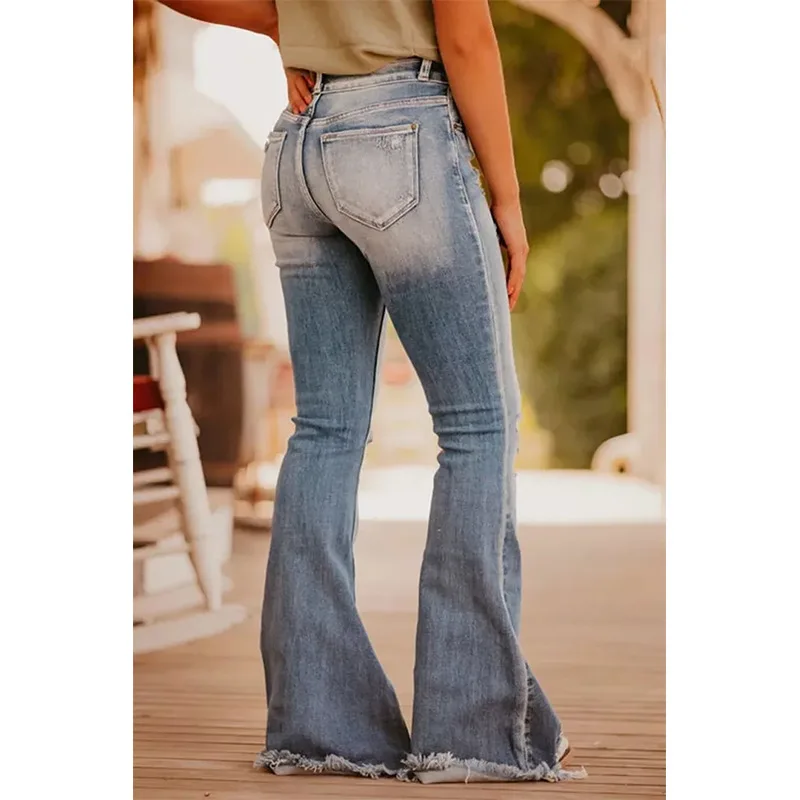 Women Flare Pants Hole Jeans Stretch High Waist Boot Cut Vintage Denims Washed Distressed Trousers Streetwear Floor Length