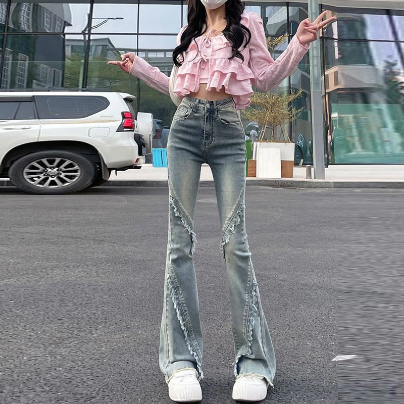 Raw Hem Flared Jeans for Women, Spring and Autumn, Petite Size, New Vintage Style, Slim Fit, Patchwork, High Waist, Bell Bottom