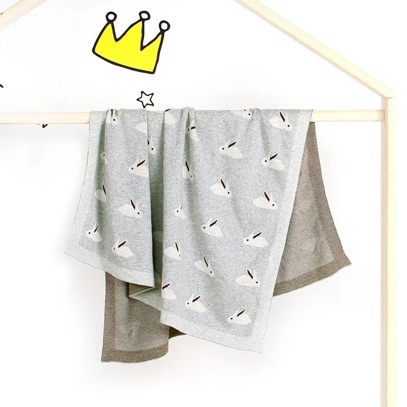Cute Rabbit Print Knitted Baby Blanket 100*80cm Multi Use Soft Swaddle Wrap Stroller Cover or Play Mat for Newborns