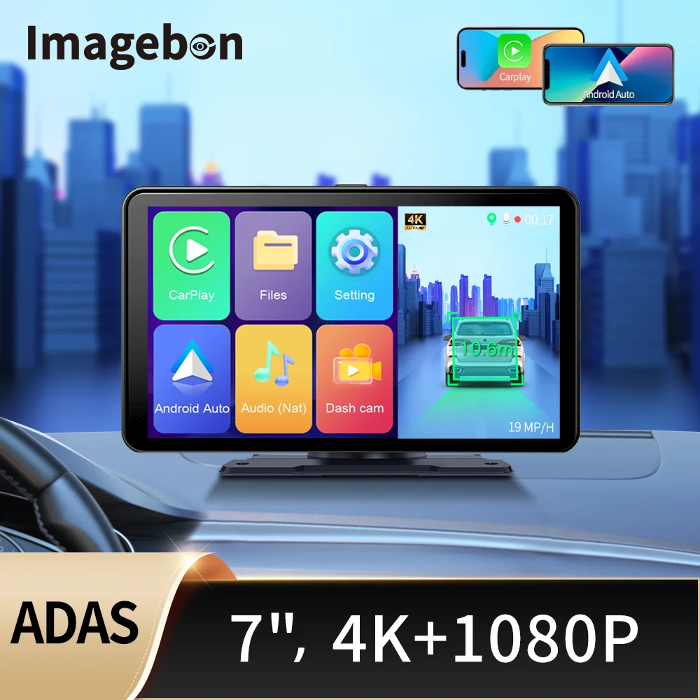 

Imagebon 7" H16 Pro 4K ADAS Dashcam Wireless Carplay Android Auto Car DVR GPS Navigation 24h Park Monitor Video Recorder