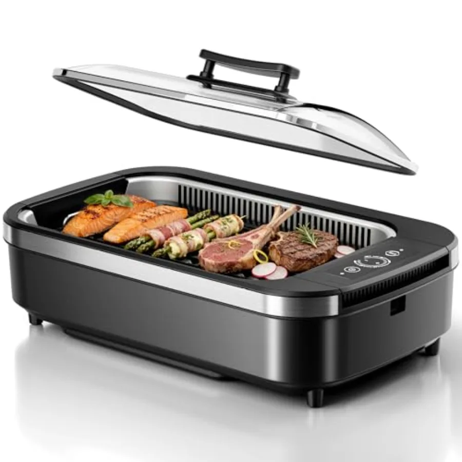 

Smokeless Indoor Grill 1500W Electric Indoor Grill for Korean BBQ with 6-Level Temp Control Removable Glass Lid Non-Stick Grill