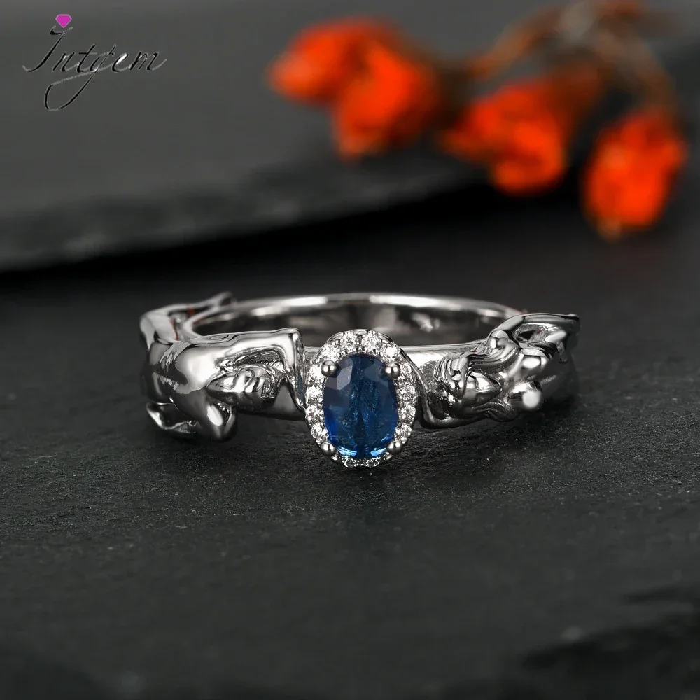 925 Silver Sapphire สุภาพสตรีแหวน 4*6 มม.คู่รูปแบบแหวนเพทายเงาวันที่เจ้าสาวงานแต่งงานของขวัญเครื่องประดับ Fine เครื่องประดับ