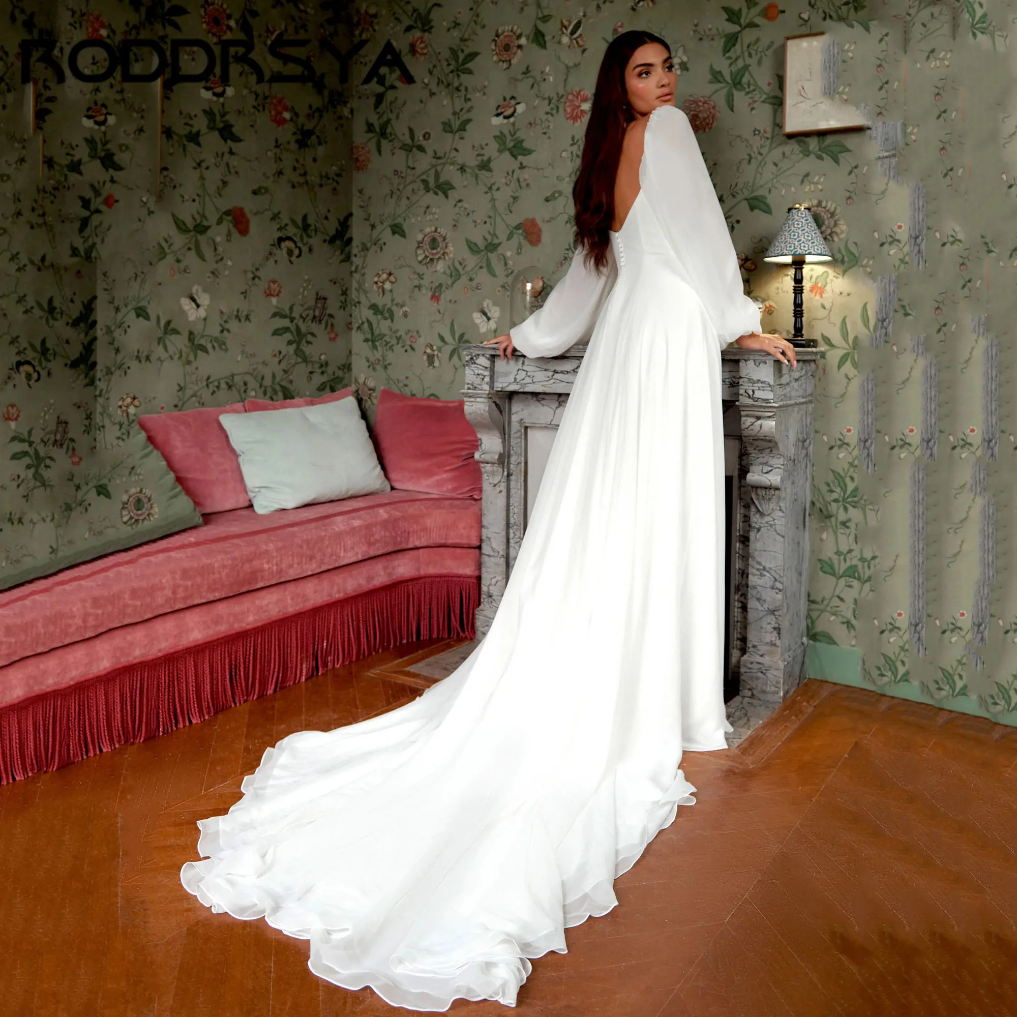 RODDRSYA A-Line Simple Wedding Dress For Bride Chiffon Square Neck Backless Boho Gown Long Puff Sleeve robe de mariée Customized