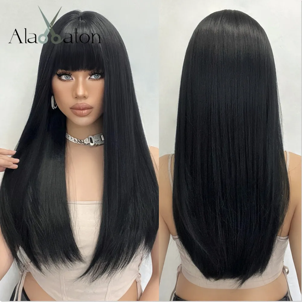 ALAN EATON Black Straight Synthetic Wigs with Bangs Long Smooth Hair for Women Daily Soft Natural Looking High Temperature Fiber