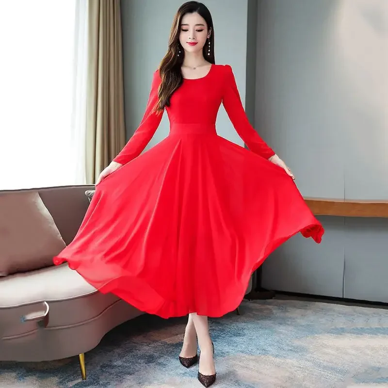 Double-layer dancing long dress temperament thin dress women's chiffon beach big swing thin large size medium and long skirt