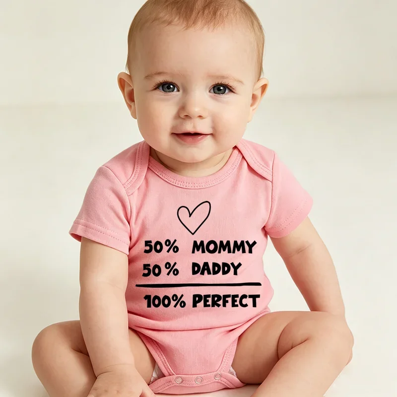 50% Mommy 50% Daddy 100% Perfect Baby Bodysuit Heart Print Newborn Short Sleeve Onesie Cotton Infant Romper Baby Girl Boy Gift