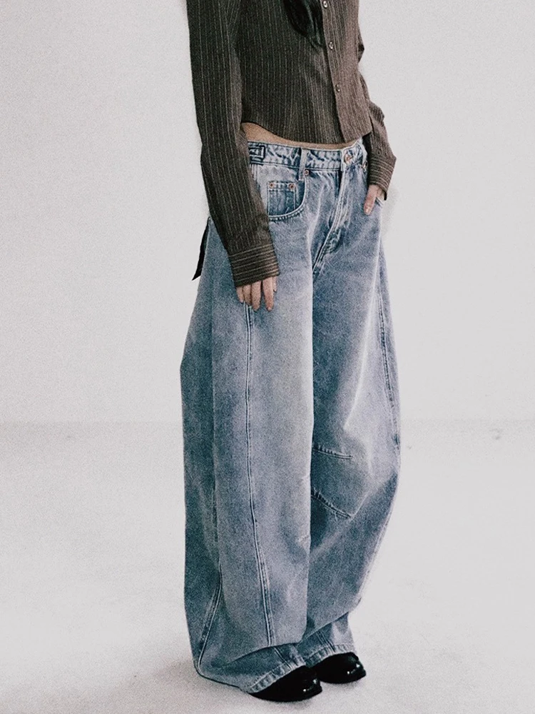 

Retro American Waed Denim Jeans Women's Casual Loose Wide Leg Floor-Length Straight Cut Trousers High Waist Zipper Sle