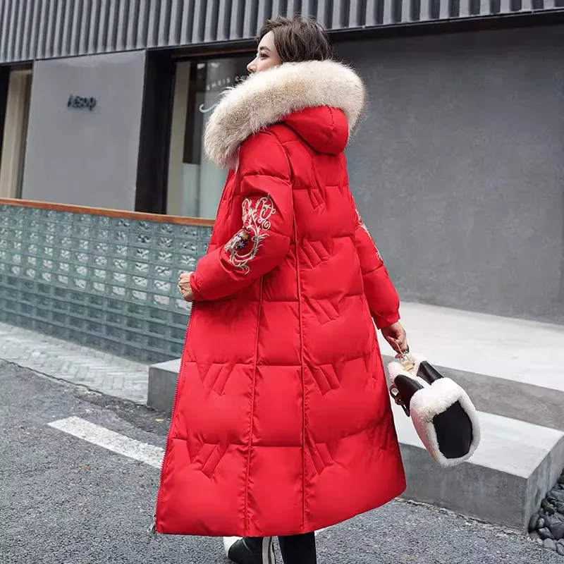 Women Winter Two Sides Jacket With Fur Hooded Long Cotton Padded Female Warm Coat Outwear Print Parka