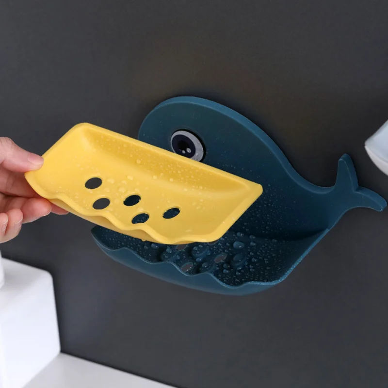 Wall Mounted Soaps Box Cute Cartoon Whale Soap Dish Holder Bathroom Storage Shelf Plastic Draining Organizer Tray