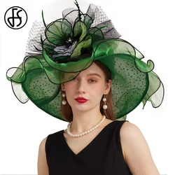 FS Green Elegant Wedding Bride Caps Wide Brim Church Hat Organza Kentucky Derby Hats For Women Luxury Tea Party Cap Fascinator