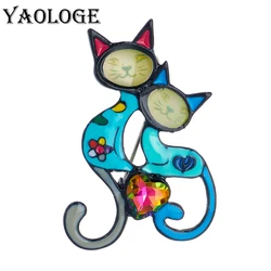 YAOLOGE Two Enamel Cat Heart Zircon Brooches For Women Kids 3-color Animal Pet Party Casual Office Brooch Pins Accessories Gifts