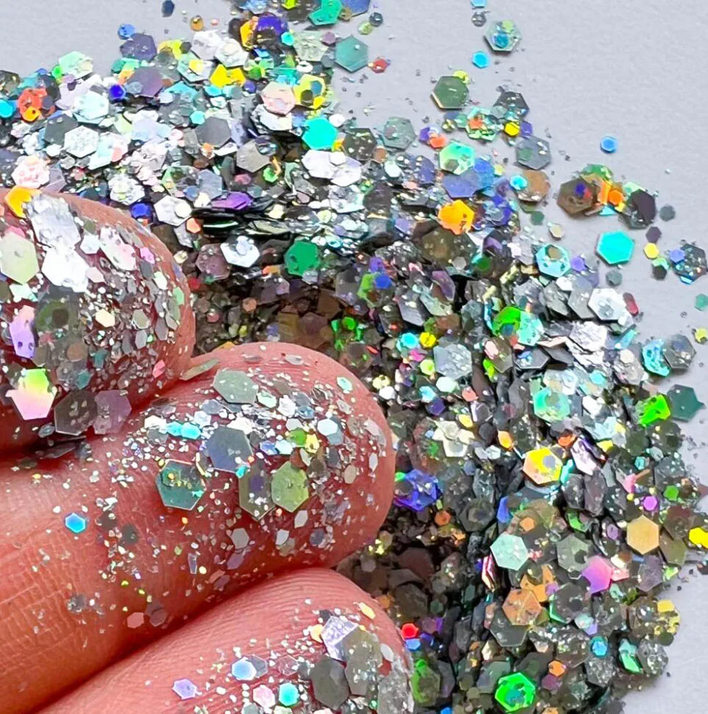 50 g/borsa olografica argento grosso glitter paillettes 0.2/1/2.5 ultra-sottile misto esagono fiocchi per unghie viso trucco nail art glitter