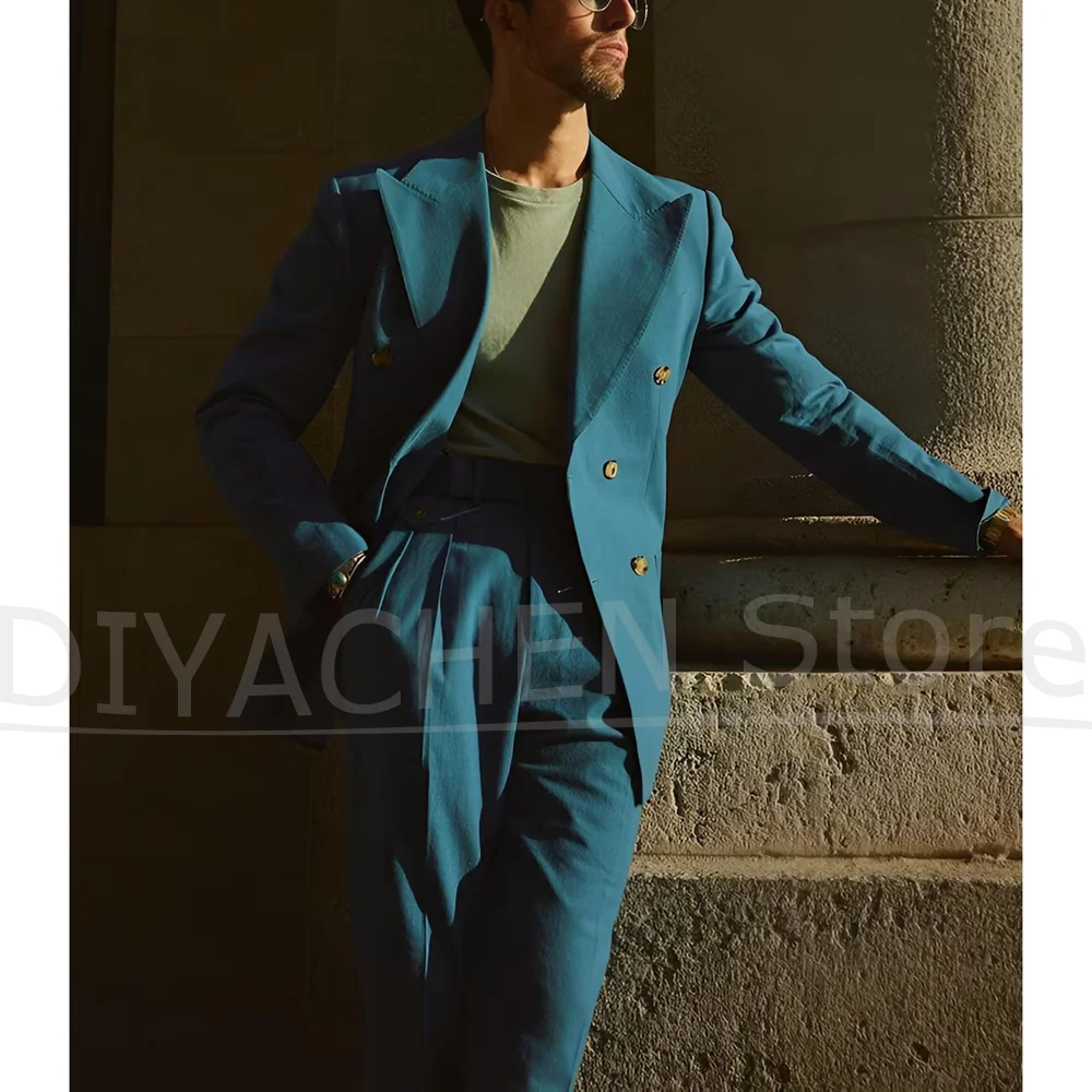 

Mens Double Breasted Suit 2 Piece Set Peak Lapel Blazer with High Waist Pleated Pants Formal Business Wedding Party Tuxedo