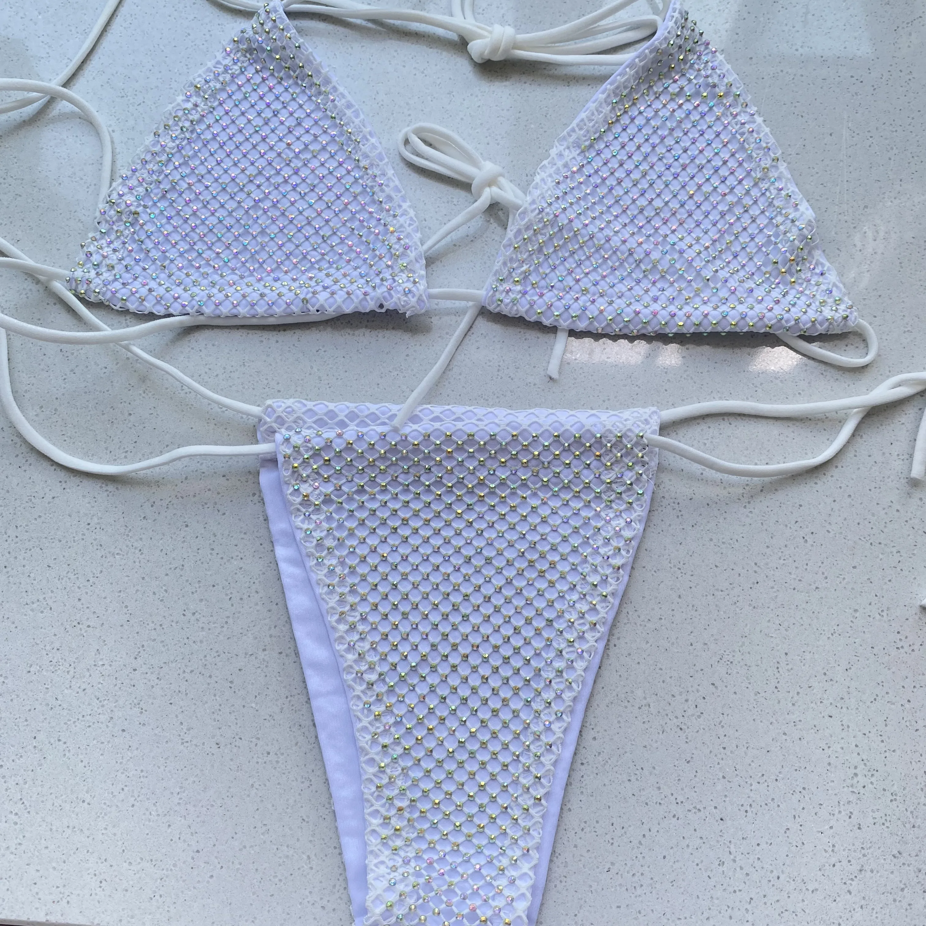 Zestaw Bikini kobiety luksusowy Bling Rhinestone różowy biały kryształowy diament seksowny strój kąpielowy Push Up