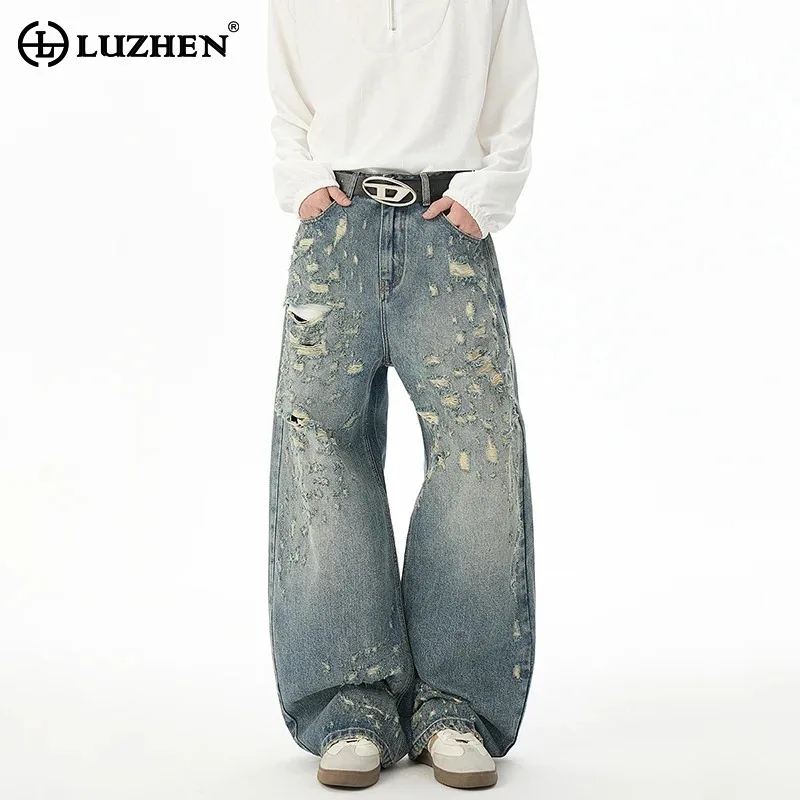 

LUZHEN персонализированные прямые джинсы с рваными дырками, мужские прямые джинсы 2025 года, высококачественные уличные широкие потертые джинсовые брюки JY4414