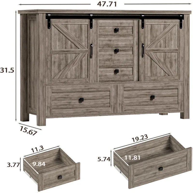 48" Farmhouse w/5 Drawer & 2 Sliding Barn Door, Dressers&Chests of Drawers, 5 Drawer Dresser TV Stand for Bedroom, Living Room