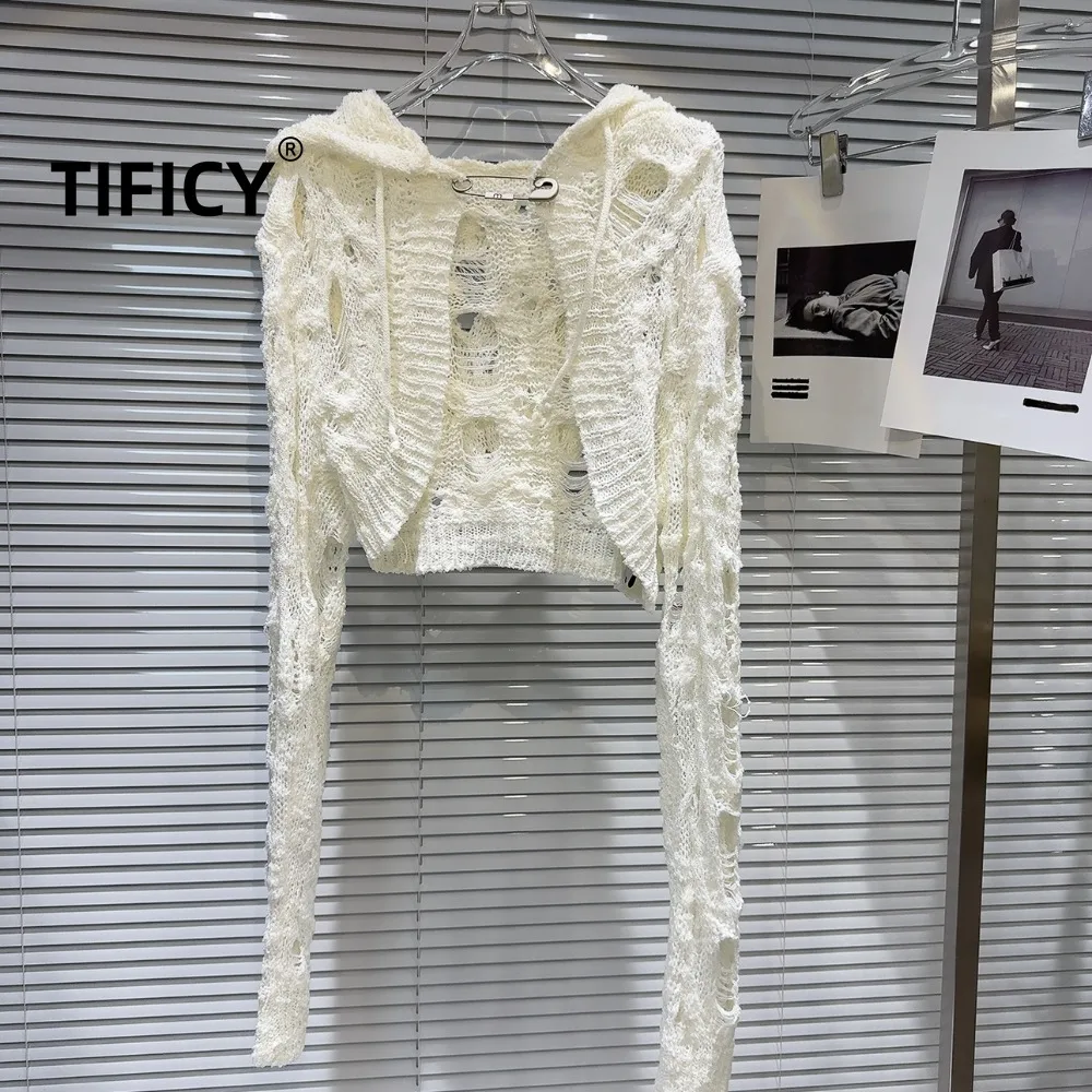 

High Street Knit Cardigan Women's Autumn New Street Metal Pin Hooded Hollow Wool Knitted Sweater Cardigan Jacket