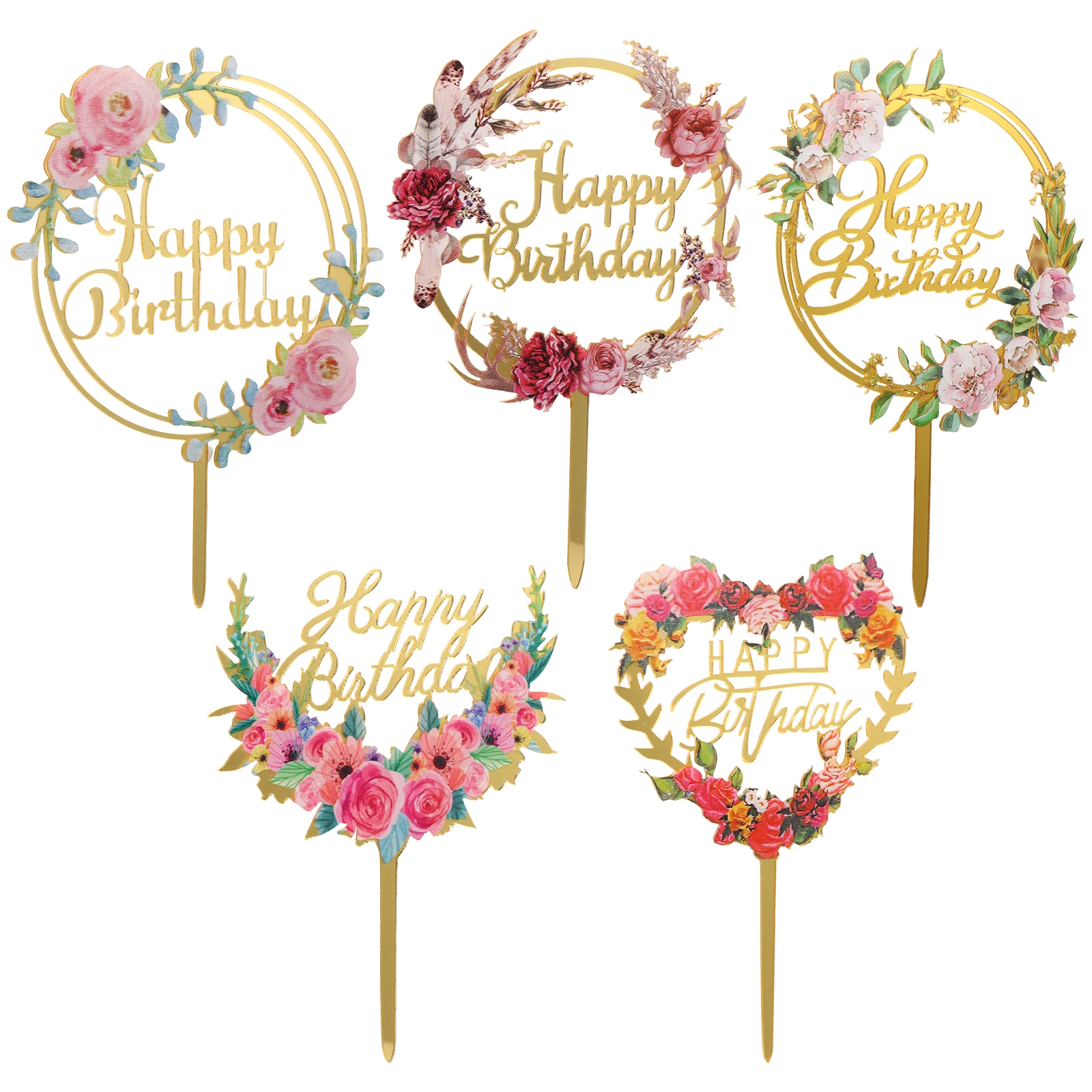 

5 Pcs Insert Acrylic Toppers Birthday Floral Decor Dessert Picks Reusable Birthday Cake Toppers Lightweight Party Celebration