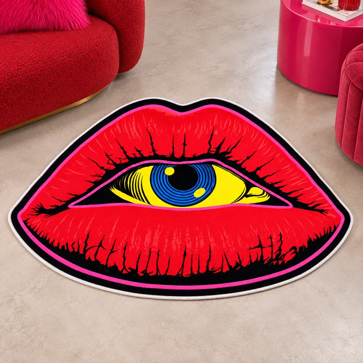 Red Lips Eye Design Shaped Area Rug, Bold Pop Art Floor Mat for Bedroom Dressing Room Studio, Colorful Modern Art Home Decor