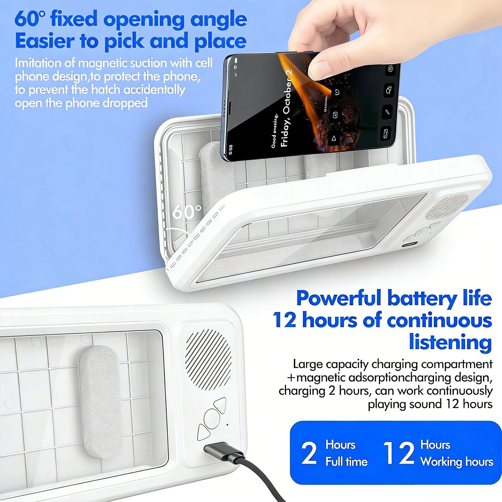 

Shower Phone Holder with Speaker IPX5 Waterproof Clear Sound & 480° Rotation Shower Case Accessories Bathroom Wall Mount