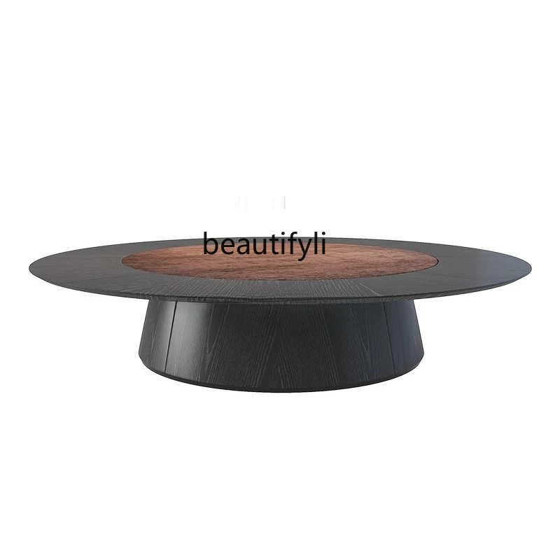 

Hotel electric dining table large round table new Chinese solid wood club, dining table marble automatic turntable