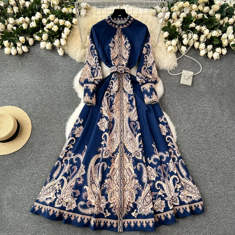 Sweet Vintage Panelled Vestidos Print Slim Waist Elegant Casual Dress New O-neck Long SleevePatchwork Pleated A-line Robe Female