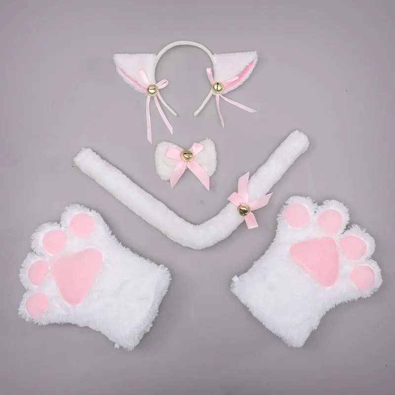 Lolita empregada cosplay headband para mulheres, patas de gato, orelhas de gato, caudas compridas com sino, gargantilha bowknot, festa de Halloween, role play adereços, meninas