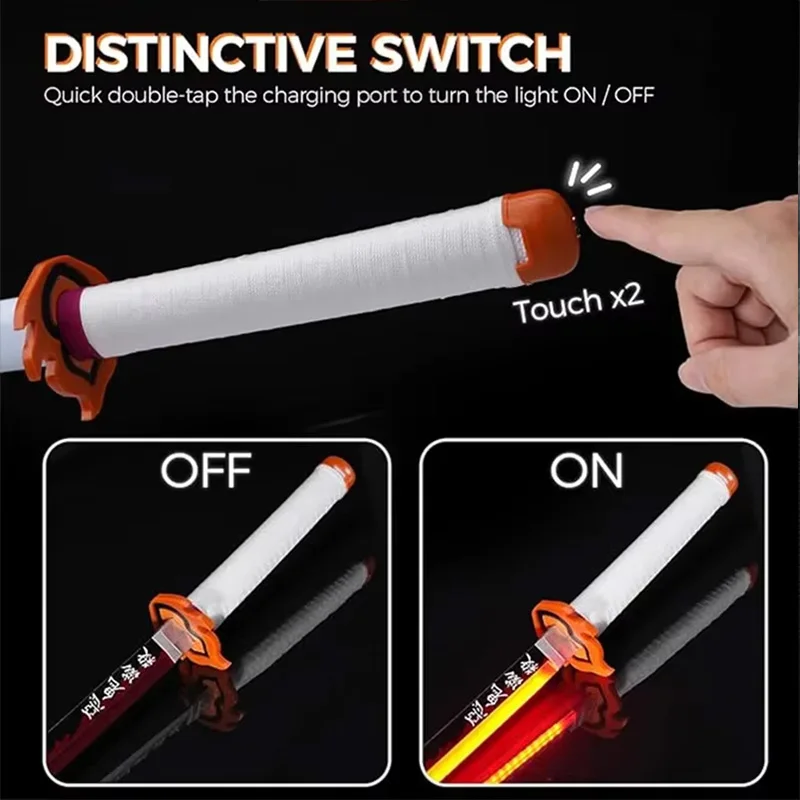 41′′ LED Demon Slayer Anime Juego de 2 piezas Katana Espada luminosa Armas de cosplay Kyoujurou Viene con cinturón y soporte para espada