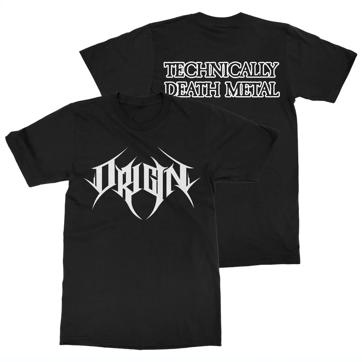 Origin Graphic T‑Shirt Two‑Sided Minimalist White Print Sharp Jagged Gothic Band Logo on Front Bold Outline Slogan