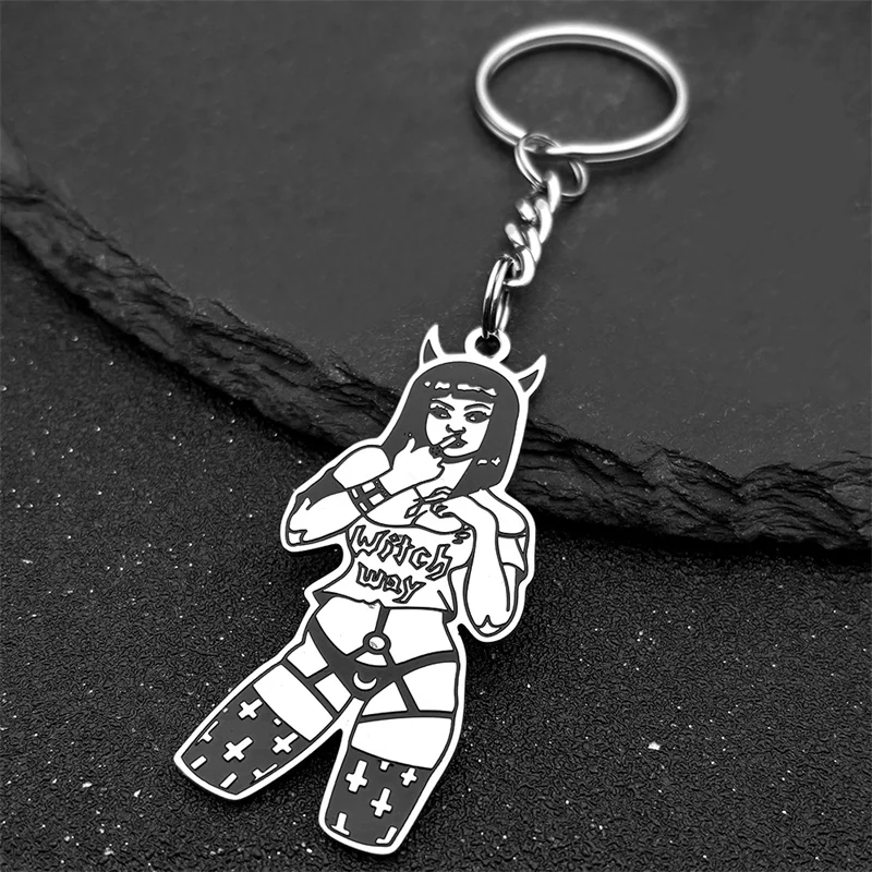 Witchcraft Hiphop Girls Pendant Keychain For Women Men Stainless Steel Silver Color Moon Cross Female Keyring Jewelry Bag Charm