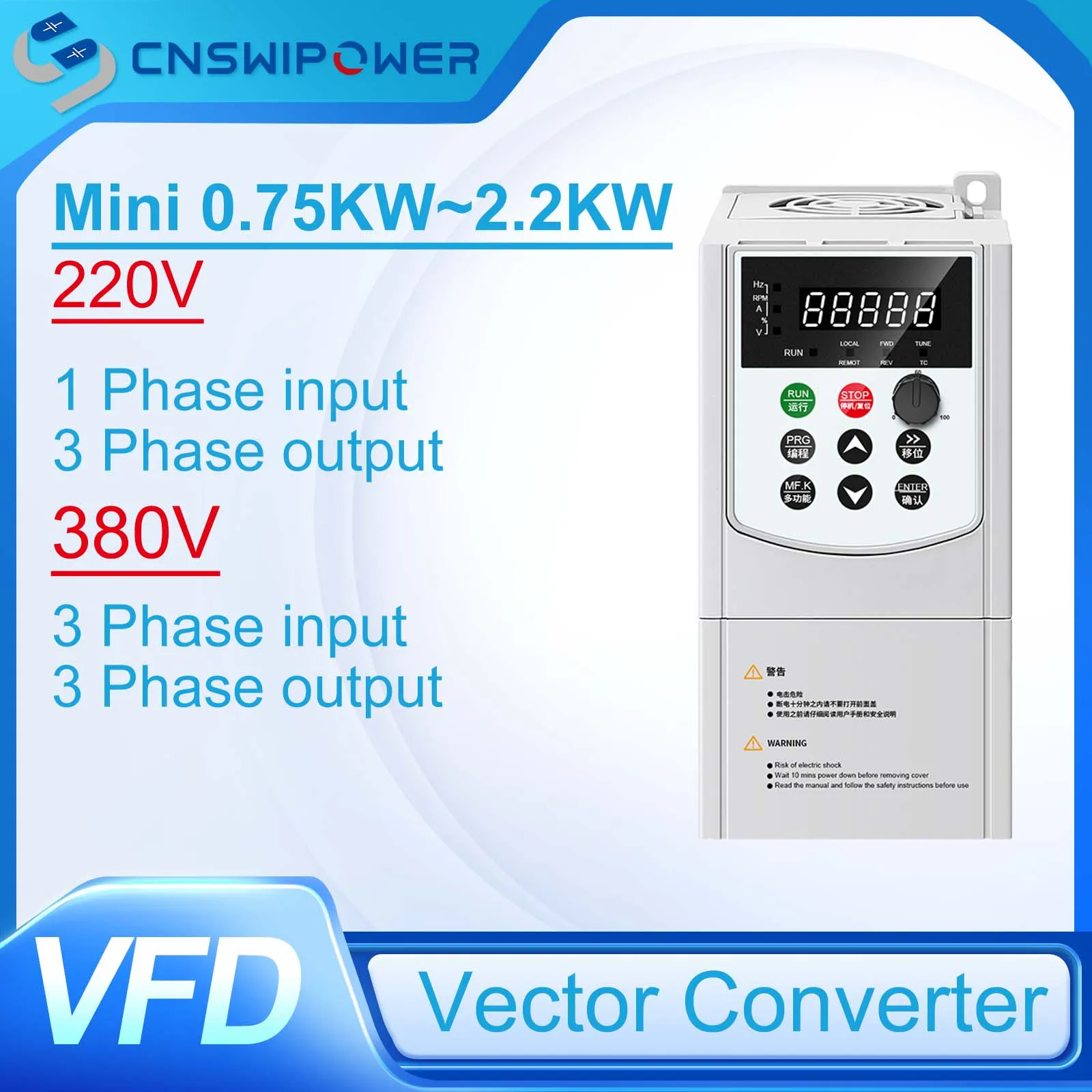 VFD 220v to 3 Phase 220v /380v to 3 Phase 380v High-Performance Vector Converter Mini  1.5kw/2.2kw