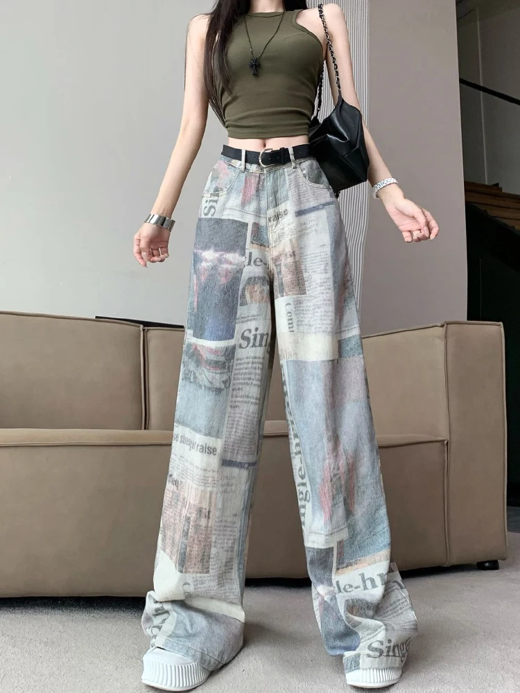 Women's Graphic Print Jeans Baggy Harajuku Y2k Aesthetic Oversize Denim Trousers Korean Jean Pants Vintage 2000s Trashy Clothes