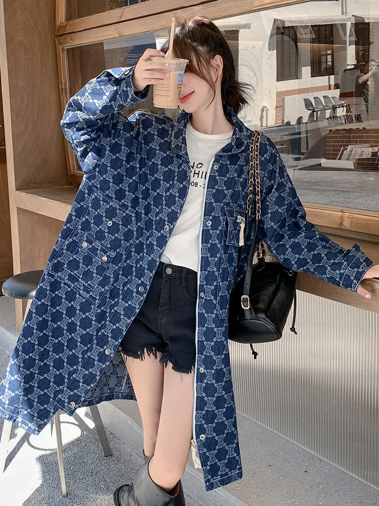 Denim Windbreaker women\'s mid length 2024 Spring Autumn New Fashion Versatile Plaid Printed Trench Coat Fashion Outwear Top