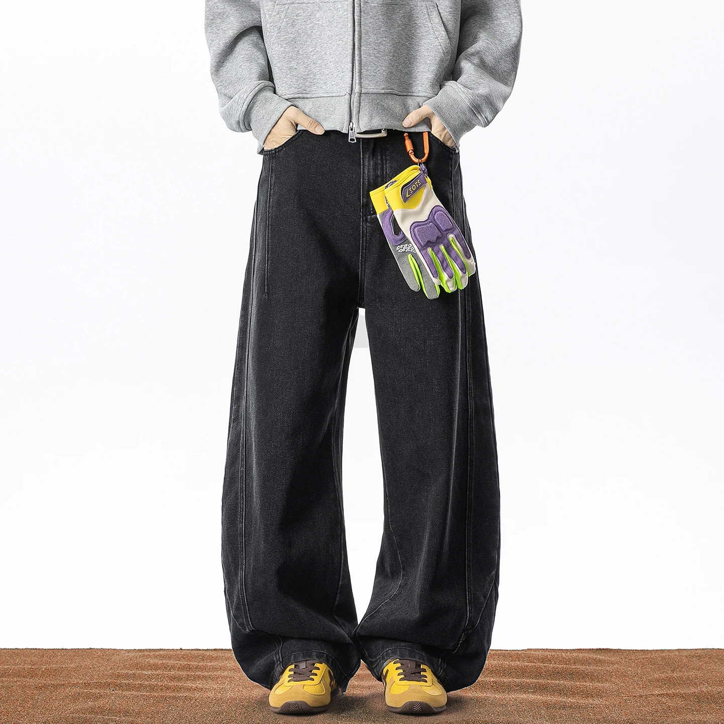 2026 Autumn New Structure Segmented Black Straight Loose Men's Jeans American Retro Washed Baggy High Street Y2K Wide Leg Pants
