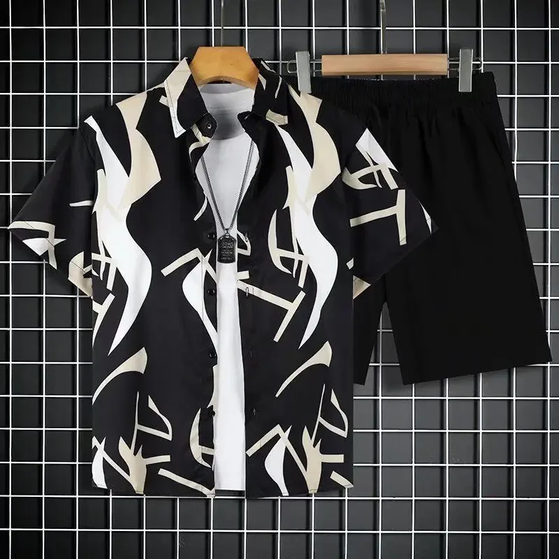 

Beach Man Sets Print Graphic Baggy Outfits Cheap Clothes Short Quarter Sleeve 2 Piece Outfit Elastic Shirts Shorts Suits for Men