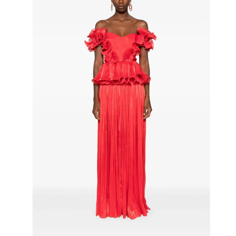 Couture Coral Red Ruffles Trimmed Long Evening Dresses Pleated Chiffon A-line Formal Party Dress Modest Maxi Gowns