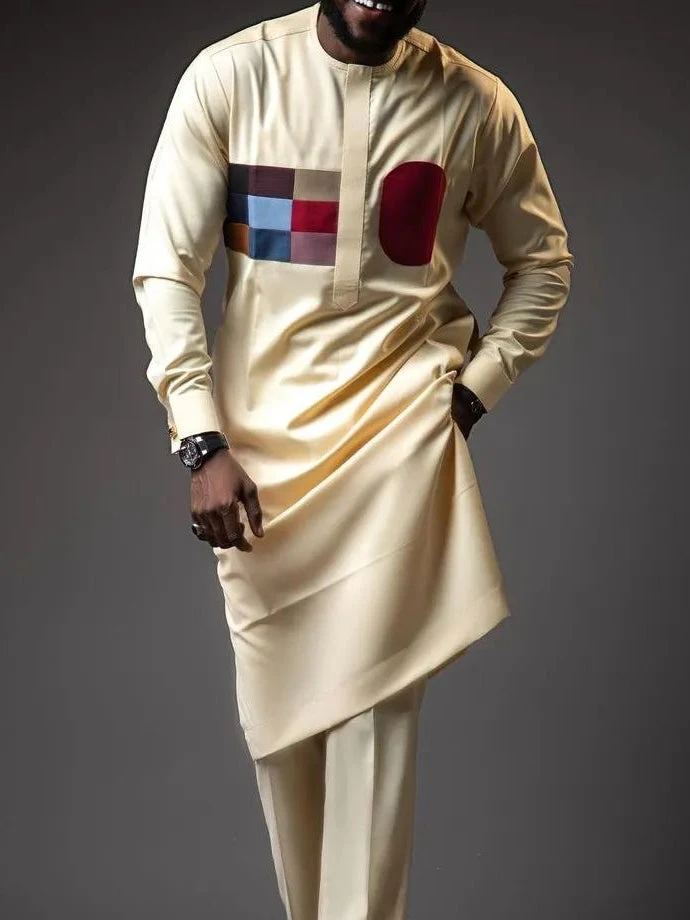

Men's chic casual champagne geometric print long sleeve two-piece set