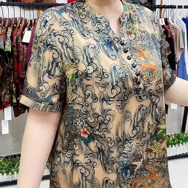 Stylish Printed Summer Short Sleeve Blouse Female Clothing Vintage Printed Casual V-Neck Button Commute Spliced Straight Shirt