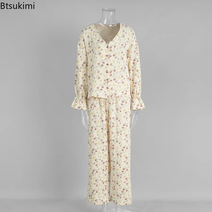 2025 Autumn Women's 100% Cotton Printed Cardigan Pajama Set Ladies Long Sleeved Pants Pajamas Loose Home Clothing Two Piece Set